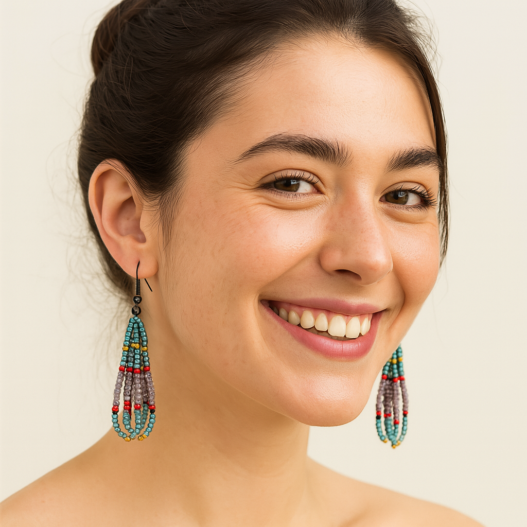 Eti Beaded Dangle Earrings – Blue, Gold & Burgundy