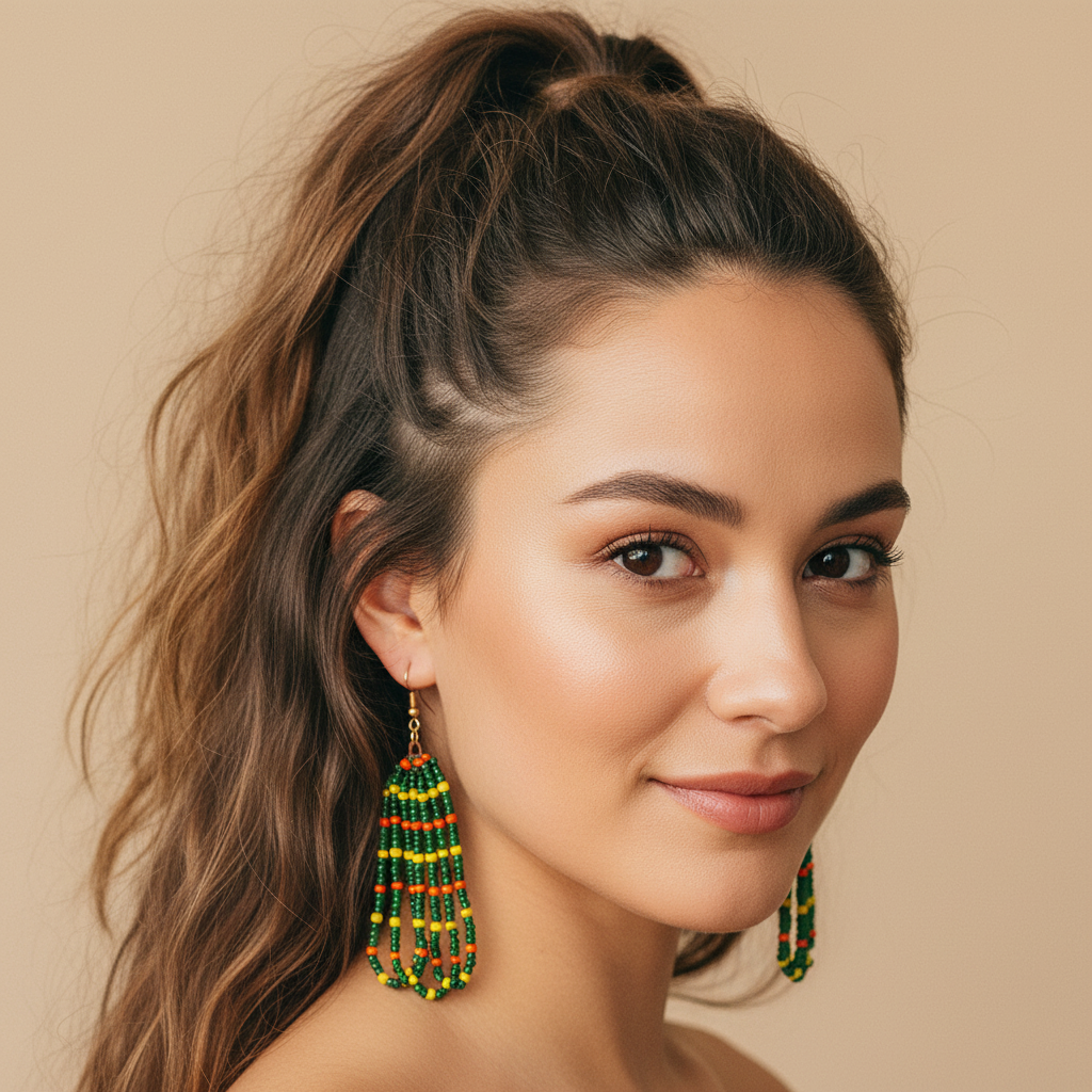 Eti Beaded Dangle Earrings – Green, Yellow & Orange